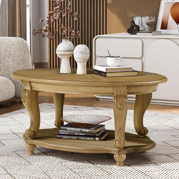 Oval Wood Coffee Table for Living Room, 2-Tier Solid Wood Coffee Table - Image 2