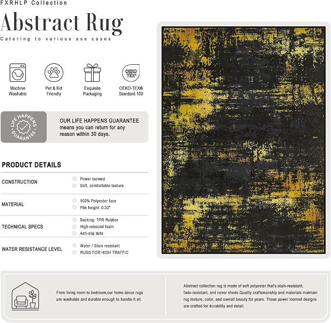 Area Rug Living Room: 4x6 Modern Washable Soft Carpet Black Gold | - Image 2