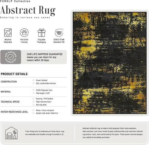 10x14 Area Rug Living Room: Modern Washable Soft Carpet Black Gold | - Image 2