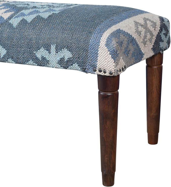 LR Home Blue/Ivory Handmade Upholstered Bench - Image 7