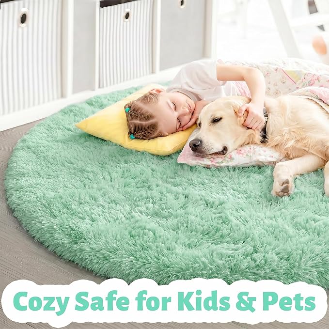 Amdrebio Sage Green Fuzzy Round Kids Rug 4Ft - Image 2