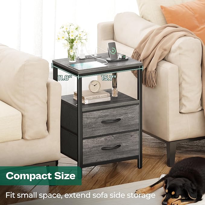 Huuger Nightstand with Charging Station, Fabric Drawers, End Table with Open - Image 6