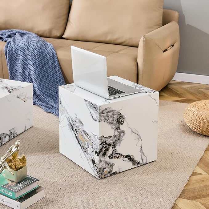 16'' Cube Coffee Table with Marble Stone Pattern, Square No Assembly End Table - Image 5