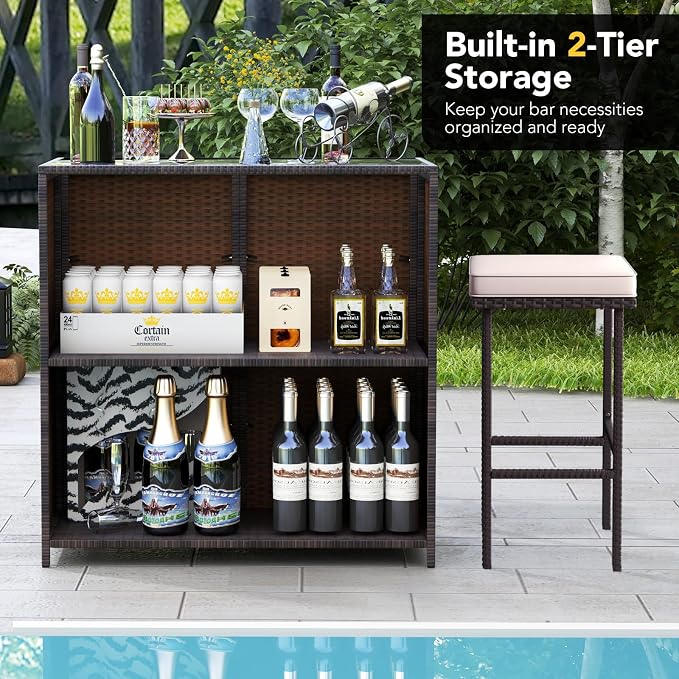 Tangkula Patio Bar Set, 3 Piece Outdoor Rattan Wicker Bar Set - Image 7