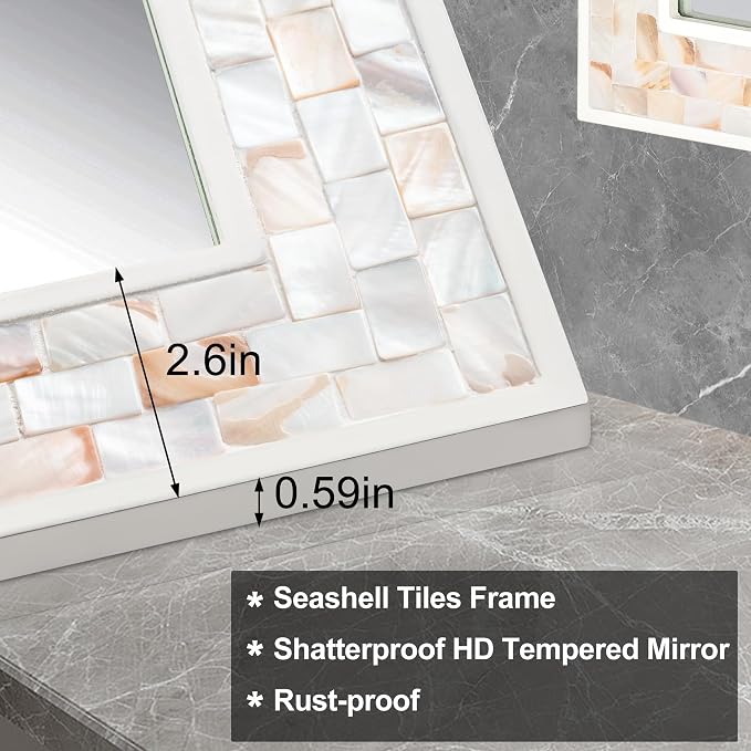 Tanmicoshomy 24 x 47 Inch White Rectangle Wall Mirror, Natual Shell Framed - Image 4