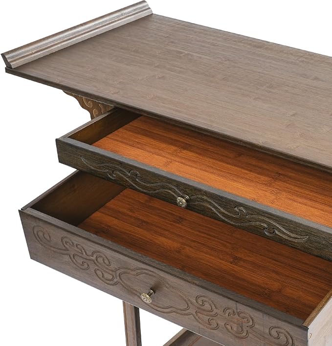 Bamboo MDF Altar Table with 2 Drawers and Storage Shelf, Retro Asian Design - Image 7