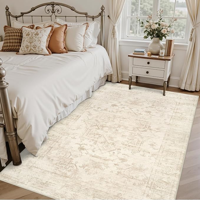 5x7 Area Rugs Living Room: Bedroom Washable Carpet Beige/Brown | Large Vintage - Image 2