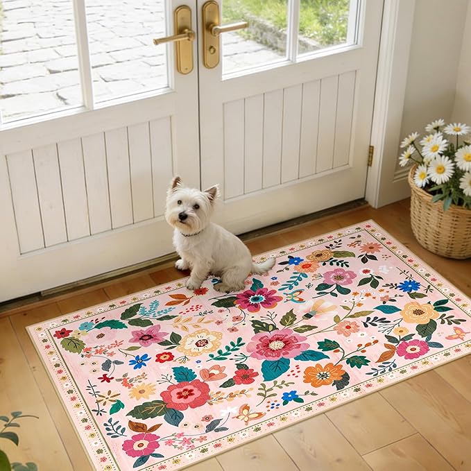 Floral Washable 2x4 Area Rugs Runner Entryway Hallway Pink | Flower Carpet by RELEANY