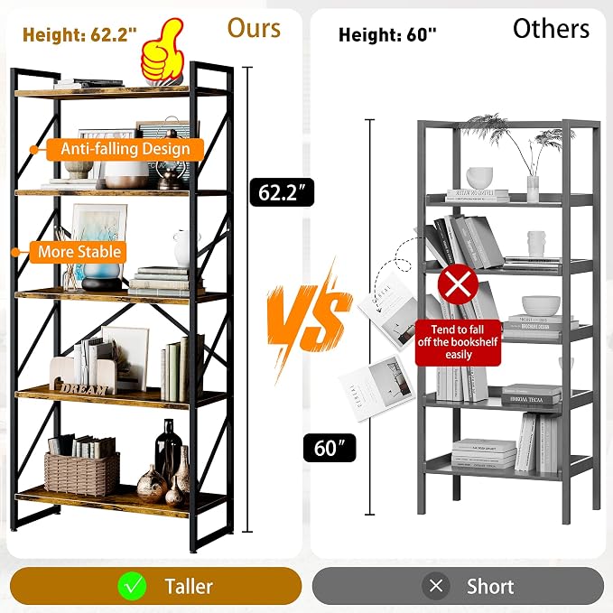 Shintenchi 2 Pieces 5 Tiers Bookshelf, Classically Tall Bookcase Shelf - Image 3