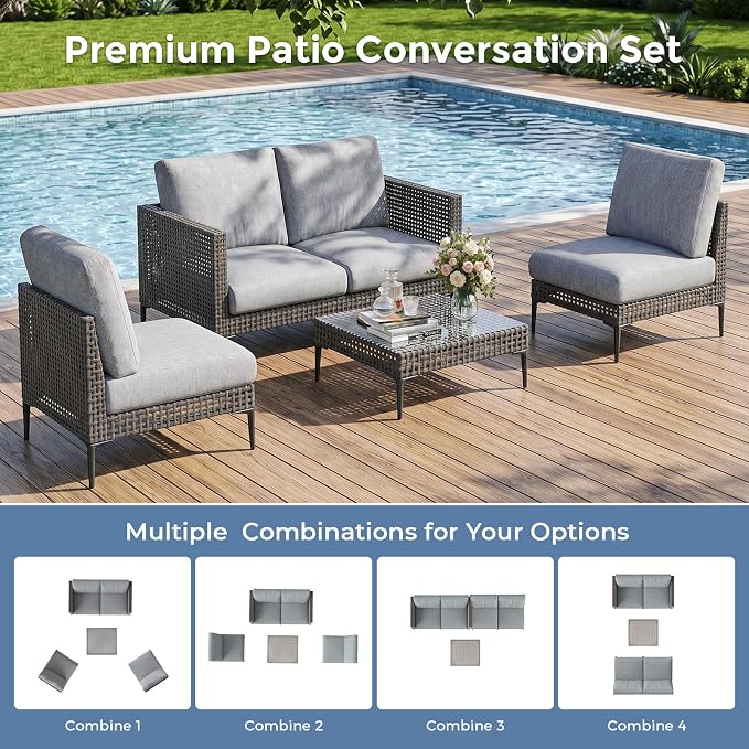 Jocoevol Outdoor Patio Sofa Conversation Set–Rattan 4 Seats Comfortable Couch - Image 3