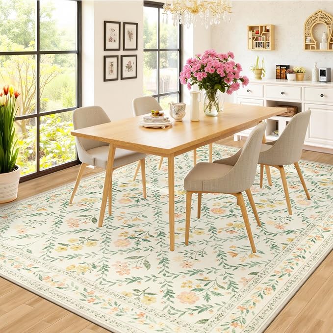 PLHXFR Area Rug 10x12 Living Room: Floral Washable Boho Carpet Beige Multi | - Image 4