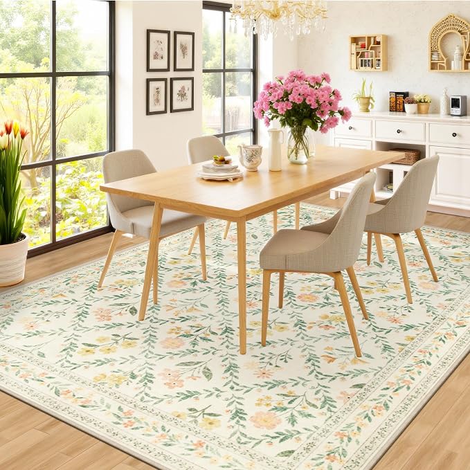 PLHXFR 8x10 Area Rug Living Room: Floral Washable Boho Carpet Beige Multi | - Image 4