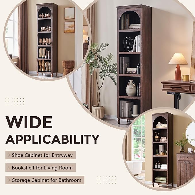 IFGET 76" Tall Arched Bookcase, Farmhouse 5 Tiers Narrow Arched Bookshelf - Image 4