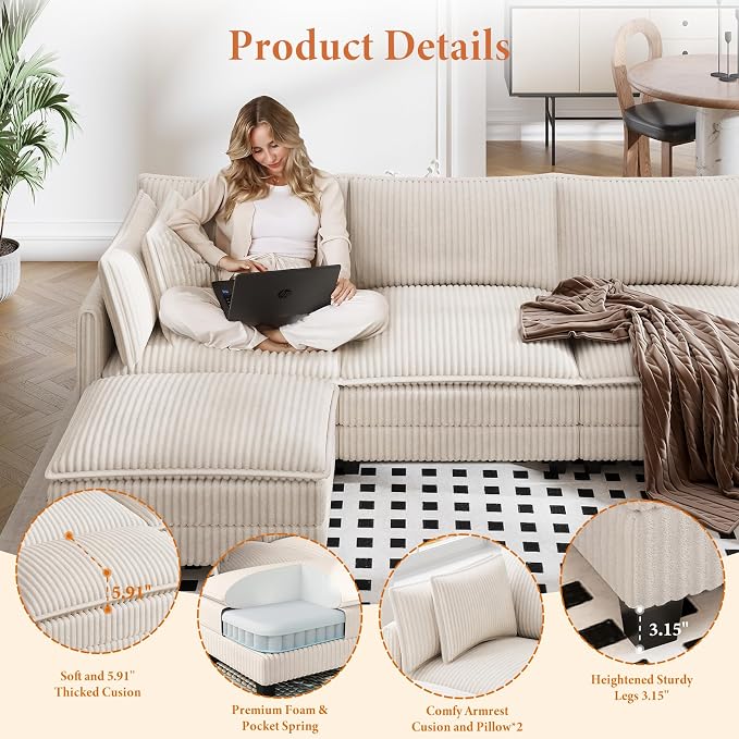 Vesgantti 143" U Shaped Sectional Modular Couch, Comfy Corduroy Upholstered - Image 3