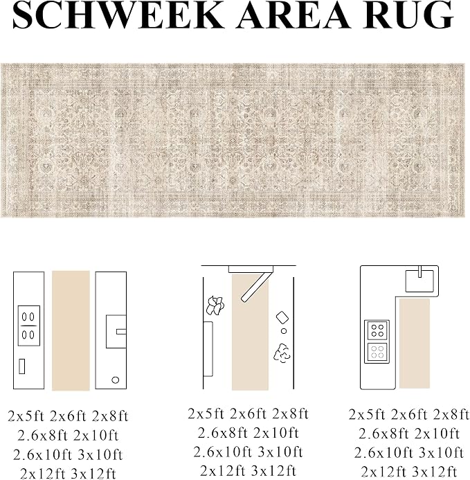 Schweek 3x12 Hallway Runner Rugs Washable Beige Kitchen Runners Non Slip | Low - Image 2