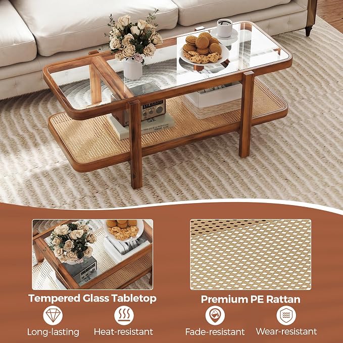 Giantex Rattan Coffee Table, 47.5" Rectangle Solid Wood Tea Table w/Tempered - Image 5