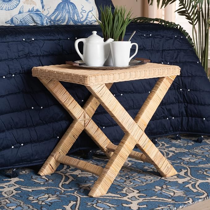 Bali & pari Farica Modern Bohemian Natural Rattan and Mahogany Accent Bench - Image 2