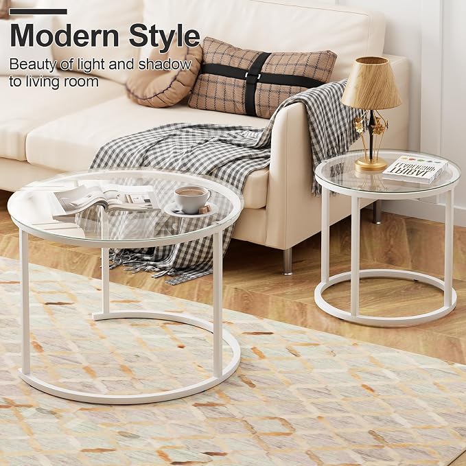 aboxoo White Nesting Glass Table Set of 2, Small Glass Round Nesting Tables - Image 3