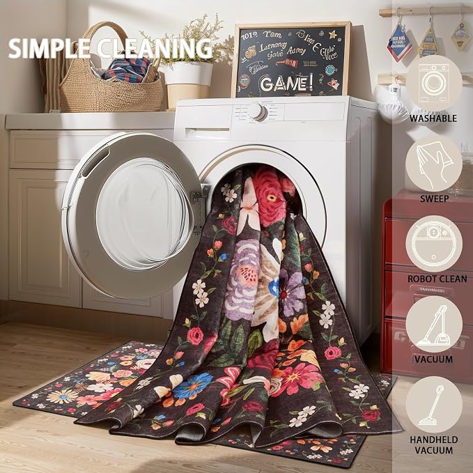 Floral Machine Washable Rug 3x5 Espresso | Non Slip Soft Bedroom Rug - Image 7