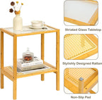 2-Tier Bamboo Side Table, Modern Glasstop Rattan Side Table, Mid Century Wood - Image 3