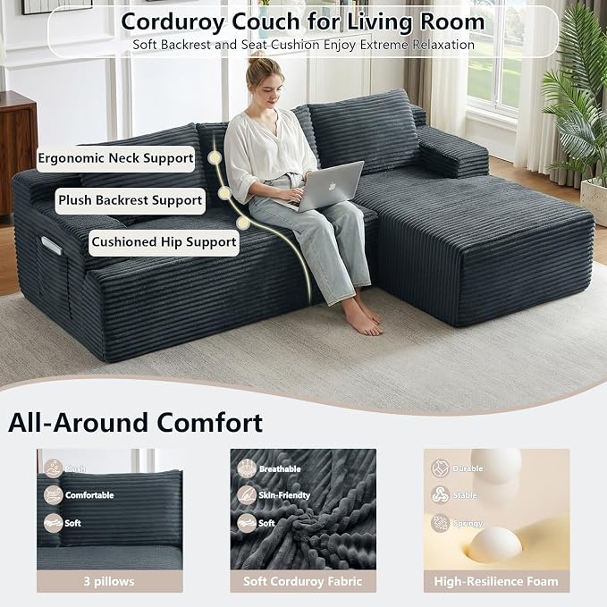 96" Cloud Sectional Couch with L-Shape Chaise, Modular Comfy Sofa Chaise Longue - Image 3