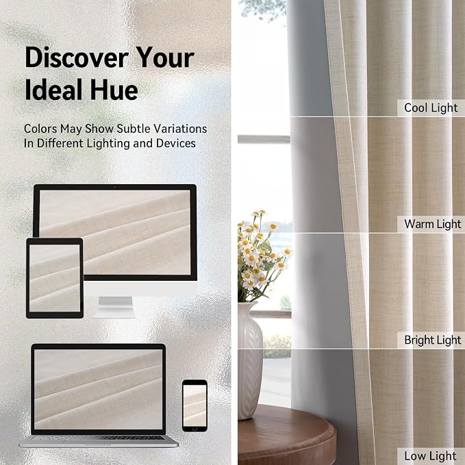 100% Blackout Linen Textured Curtains 63 Inch Long, Butter Cream | 100% - Image 7