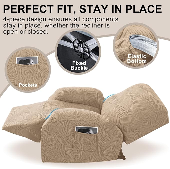 Recliner Chair Covers, 4-Piece Stretch Geometric Strokes Jacquard Reclining - Image 4