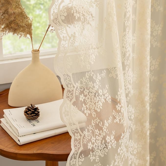 YJ YANJUN Vintage Lace Curtains 84 Inches Long-Retro Floral Beige Sheer Curtain by YJYANJUN
