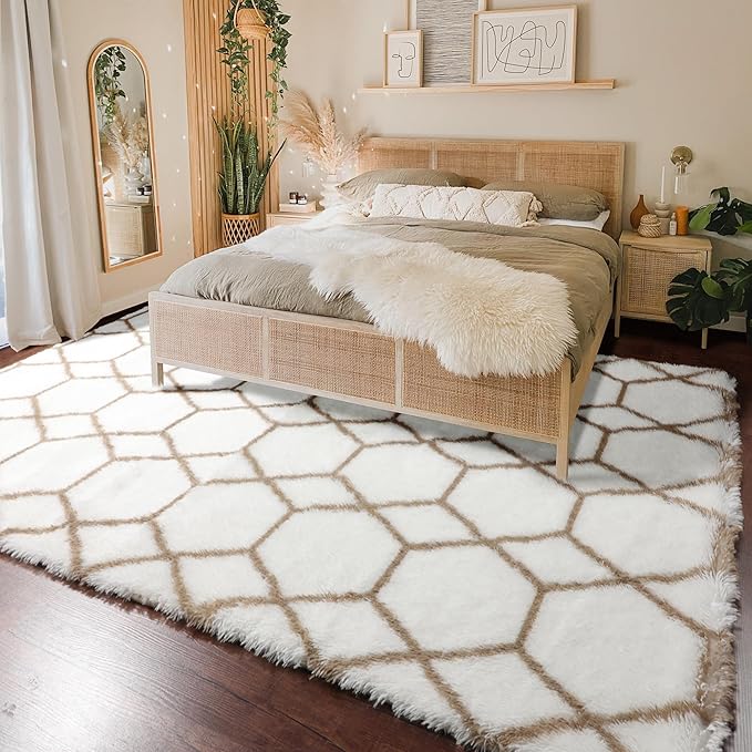 5x7 Area Rugs for Living Room Bedroom, Fluffy White and Beige Geometric Rug | - Image 5