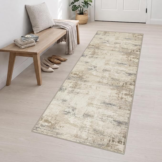 3x10 Washable Runner Rug：Modern Abstract Soft Carpet Beige Brown | - Image 3
