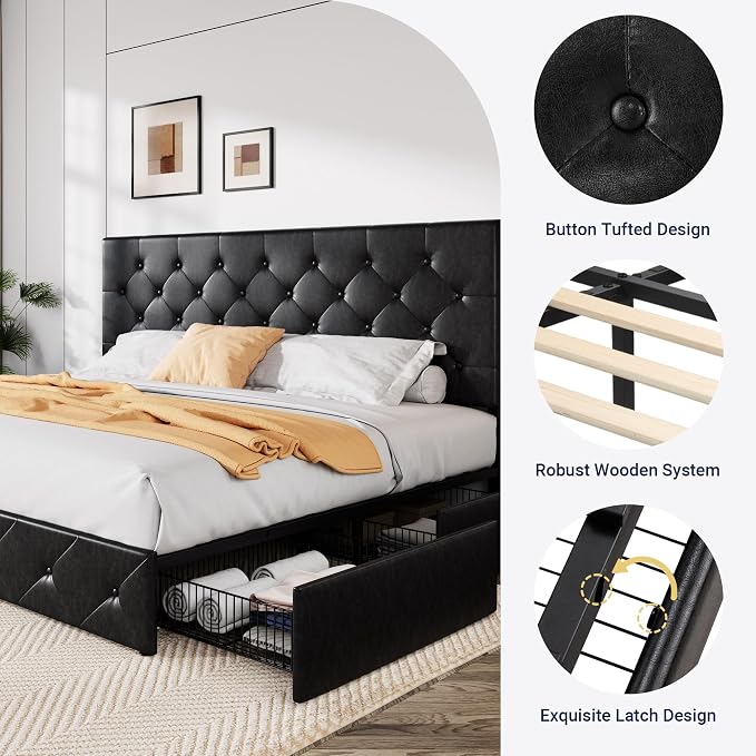 Allewie King Size Black Metal Faux Leather Platform Bed Frame - Image 6