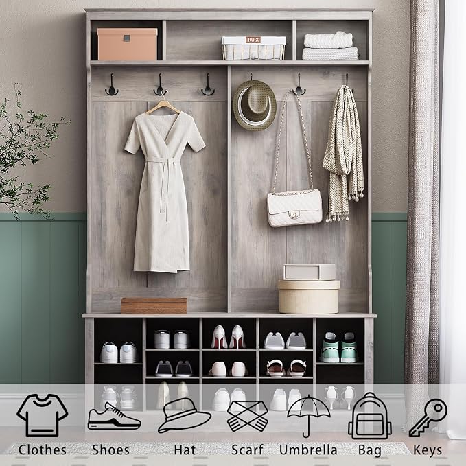 Wodeer Hall Tree with Bench and Shoe Storage, 6 Hooks, 12 Shoe Cubbies - Image 3