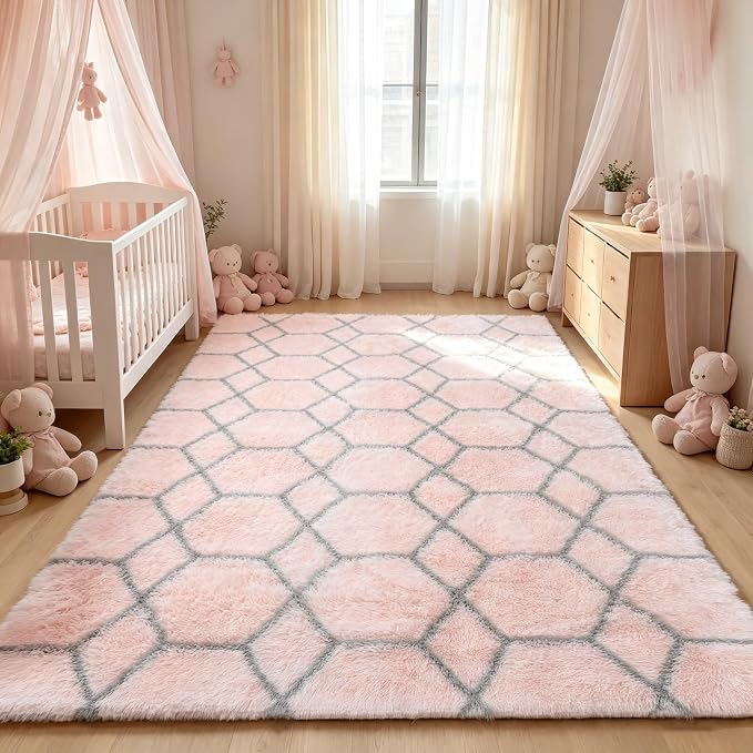 6x9 Area Rugs for Living Room Bedroom, Fluffy Pink and Grey Geometric Rug | - Image 8