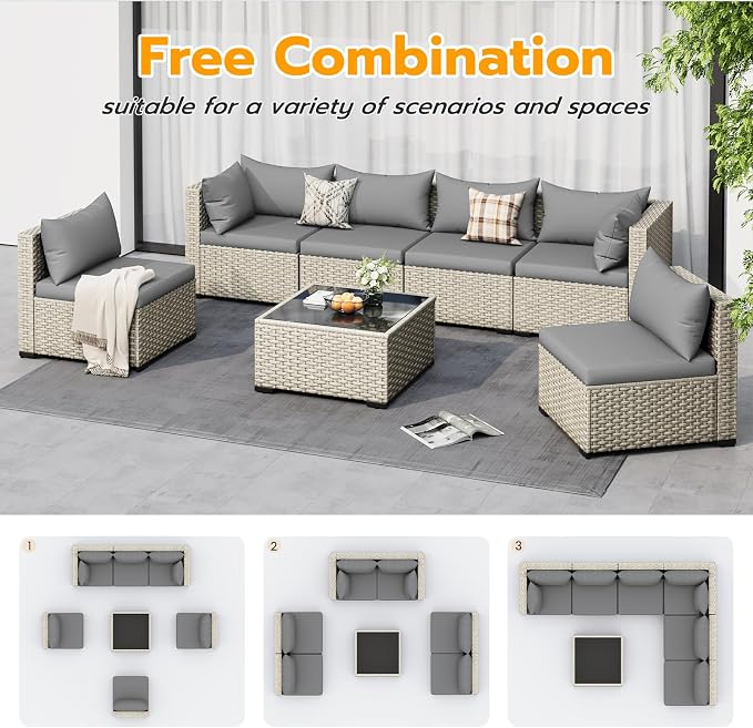 UDPATIO Outdoor Patio Furniture Set, 7-Piece PE Wicker Sectional Sofa - Image 5