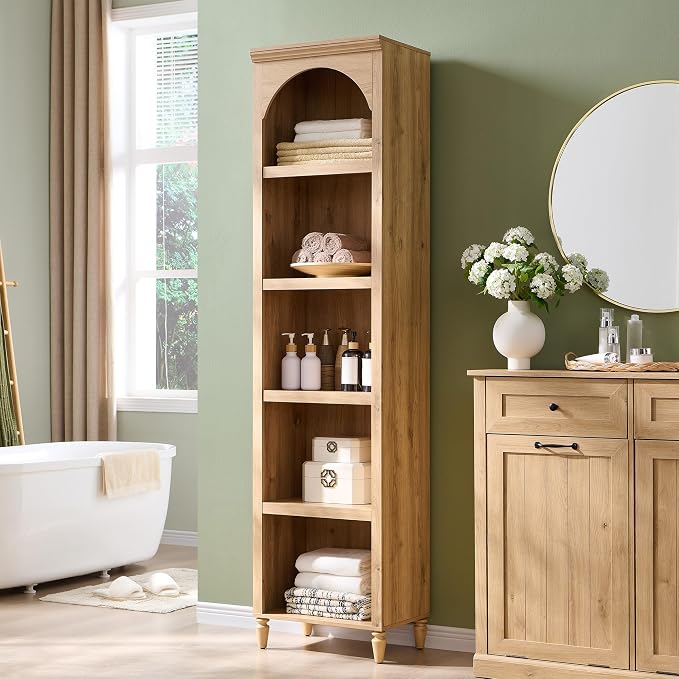 IFGET 76" Tall Arched Bookcase, Farmhouse 5 Tiers Narrow Arched Bookshelf - Image 5