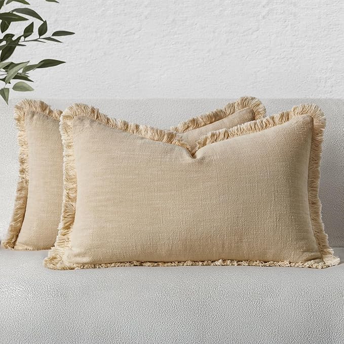 MIULEE Boho Linen Fringe Decorative Lumbar Throw Pillow Covers Beige 12x20 | by MIULEE