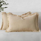 MIULEE Boho Linen Fringe Decorative Lumbar Throw Pillow Covers Beige 12x20 | by MIULEE