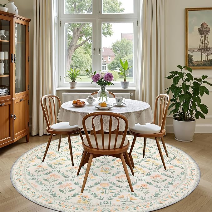 PLHXFR Round Area Rug Living Room: 4 ft Floral Washable Carpet Beige Multi | - Image 4