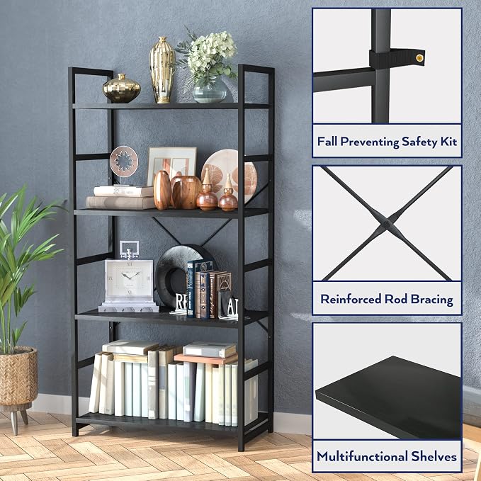 NUMENN 4 Tier Bookshelf, Tall Bookcase Shelf Storage Organizer, Modern Book - Image 5