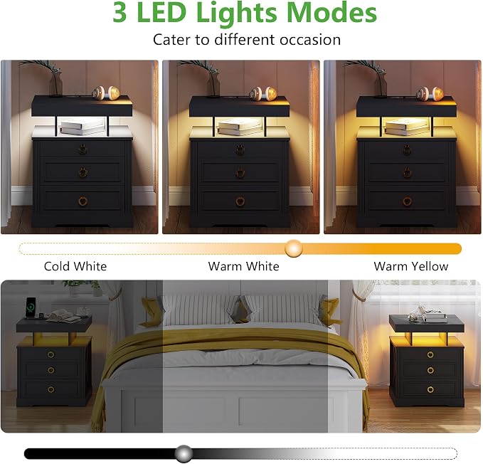 HNEBC Nightstand with Gun Drawers, LED Farmhouse Night Stand with Charging - Image 4