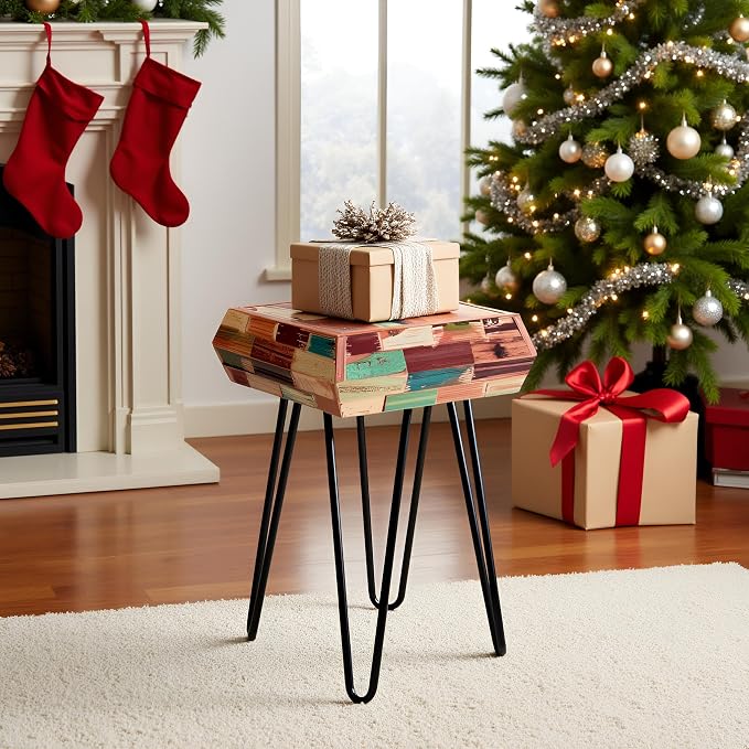 Multicolor Square Wood Drum Side Table 14" x 14" x 20" H Reclaimed Wooden - Image 7