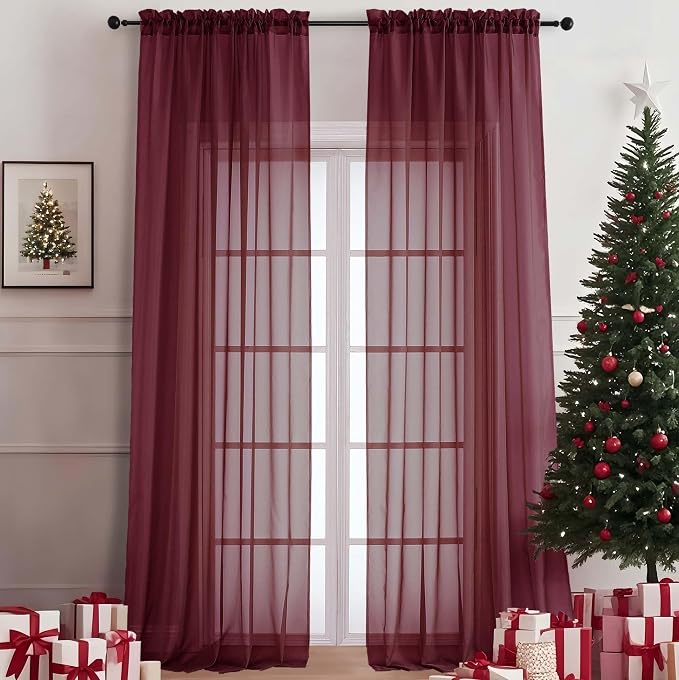 Wine Sheer Curtains 120 Inches Long 2 Panels Set, 59 Inch Extra Wide Soft Airy by OVZME