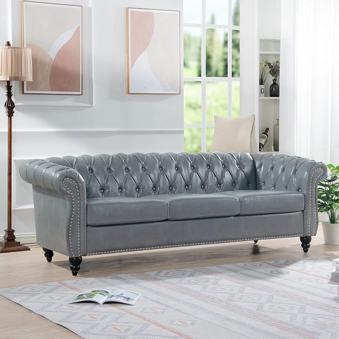 LEVNARY Chesterfield Sofa, Classic Tufted Upholstered Leather Couch, Modern 3 - Image 3