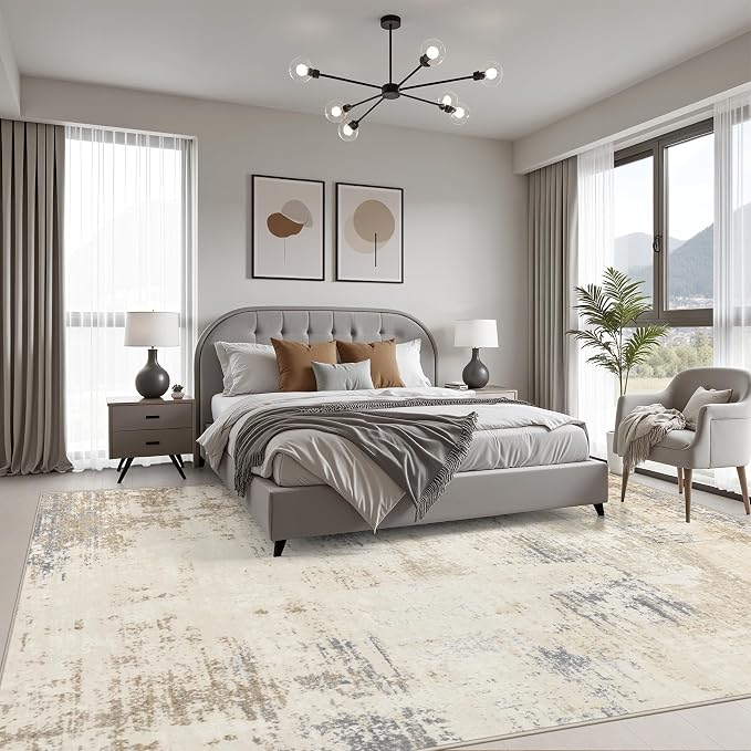 9x12 Area Rug Living Room: Modern Washable Soft Carpet Beige Brown | - Image 3