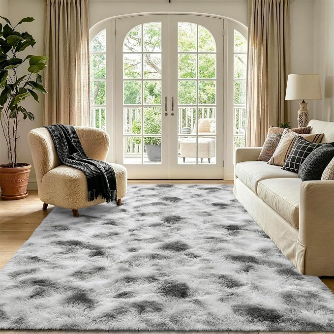 Noahas 5x7 Tie-Dyed Grey and White Fluffy Area Rug Non-Slip - Image 2