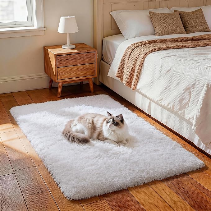 Ophanie Small Rug Washable Non Slip Throw Bedside Area Rugs, Fluffy Soft White by Ophanie