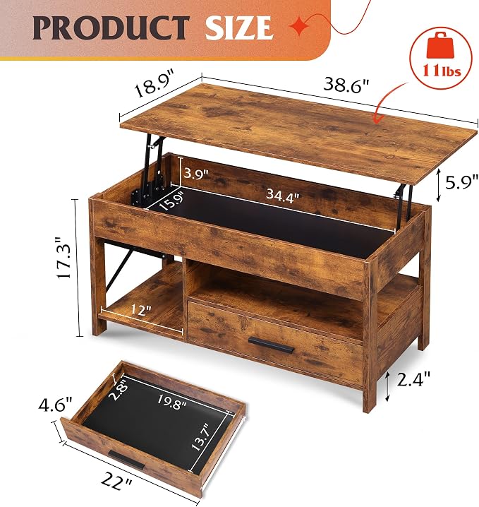 WLIVE Lift Top Coffee Table, Hidden Compartment, Wooden Lift Tabletop Center - Image 6