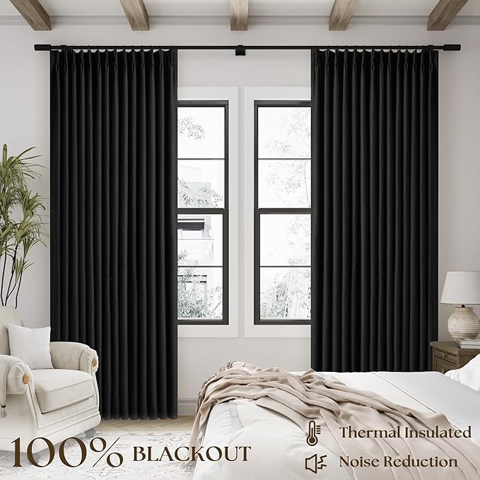Black 100% Blackout Pinch Pleat Linen Curtains 108 Inches Long - Image 3