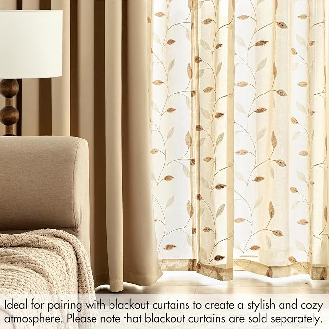 MIULEE Beige Sheer Curtains 2 Panels Embroidered Leaf Patterned, W52 x L96 | - Image 7