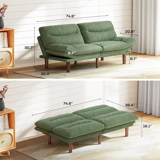 Marsail 75" Futon Sofa Bed, Convertible Corduroy Futon Couch - Image 2